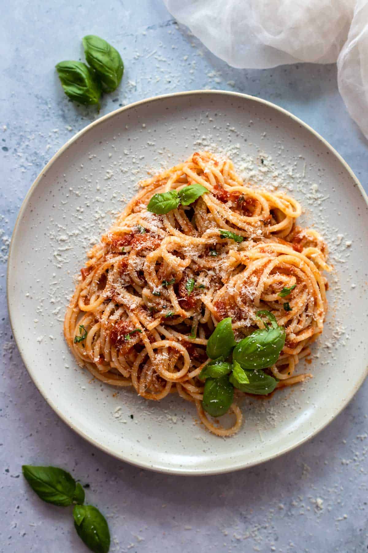 Spaghetti with tomato sauce on a plate with parmesan cheese and basil.