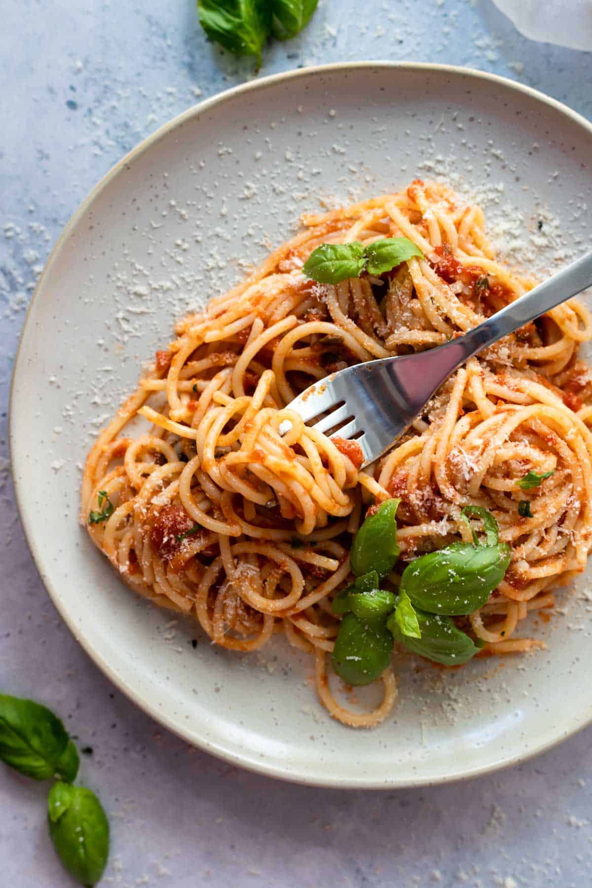 Spaghetti with tomato sauce on a fork