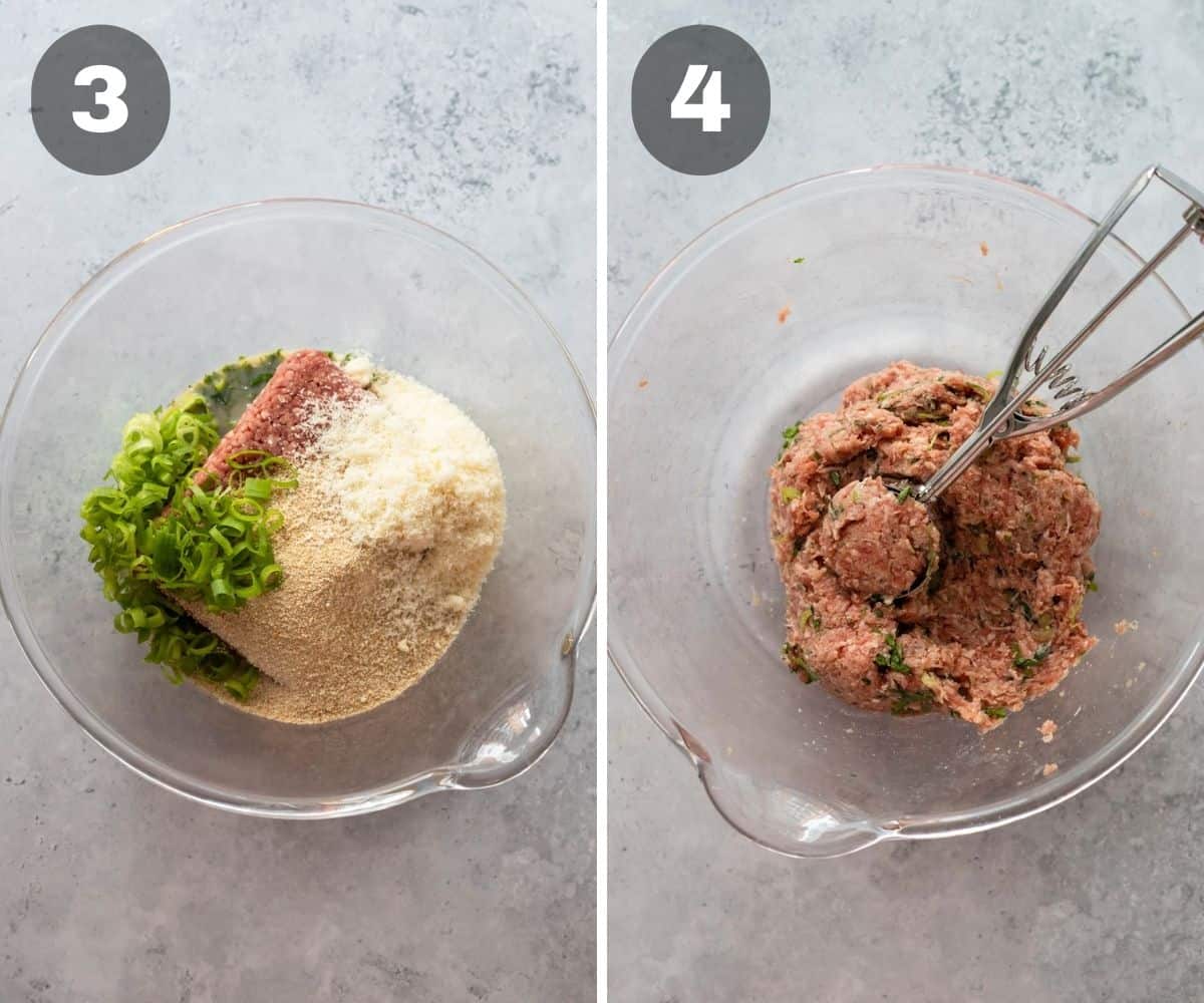 Collage with two photos showing how to make meatball dough