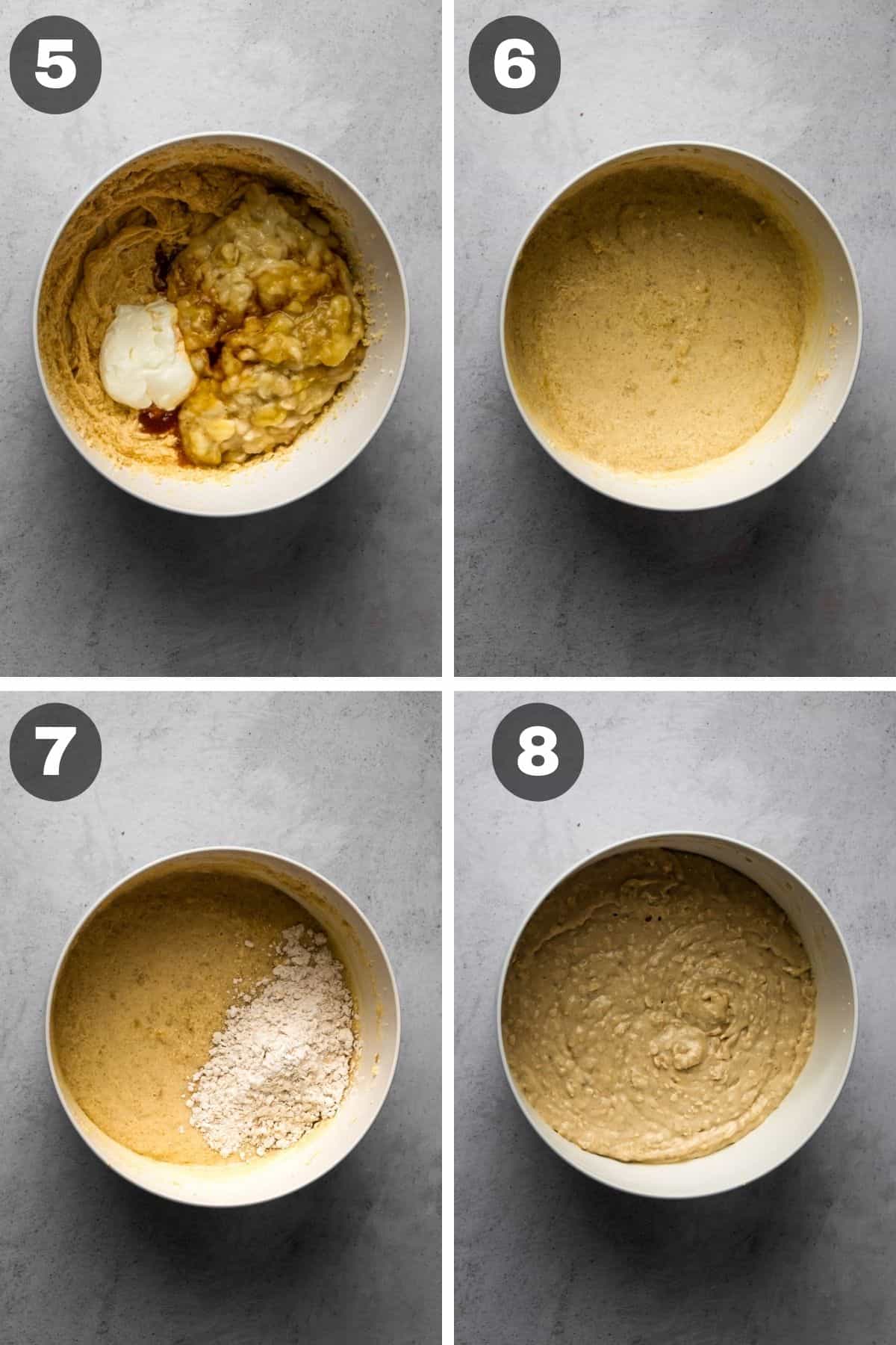 Collage: Four process photos for Low FODMAP Banana Bread