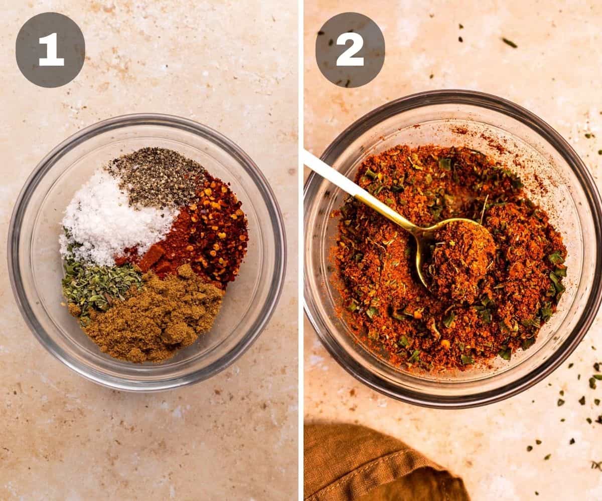 Collage: two photos showing how to make homemade taco seasoning.