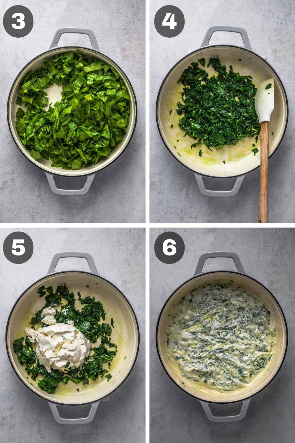 Collage: four photos showing how to make creamy spinach sauce