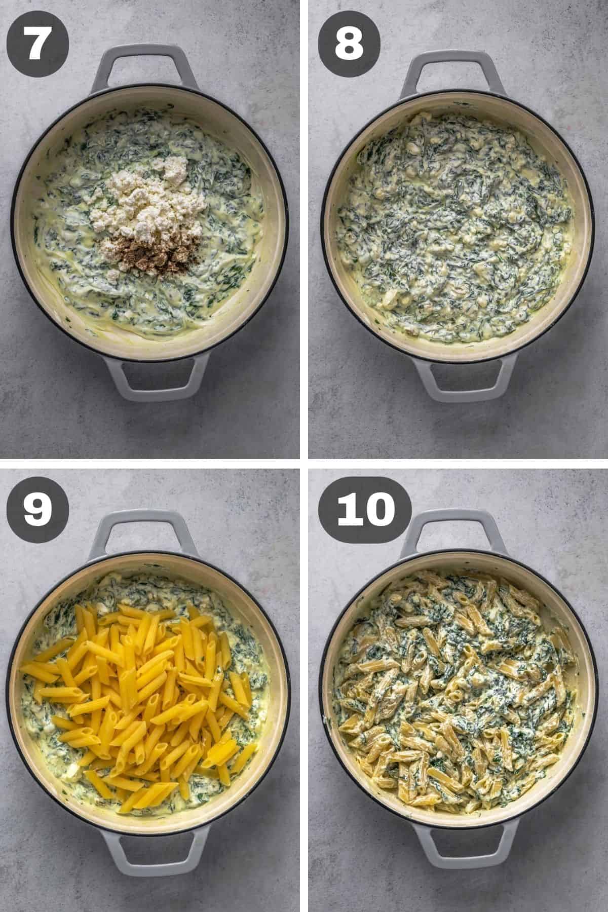 Collage: Four photos showing how make creamy spinach pasta