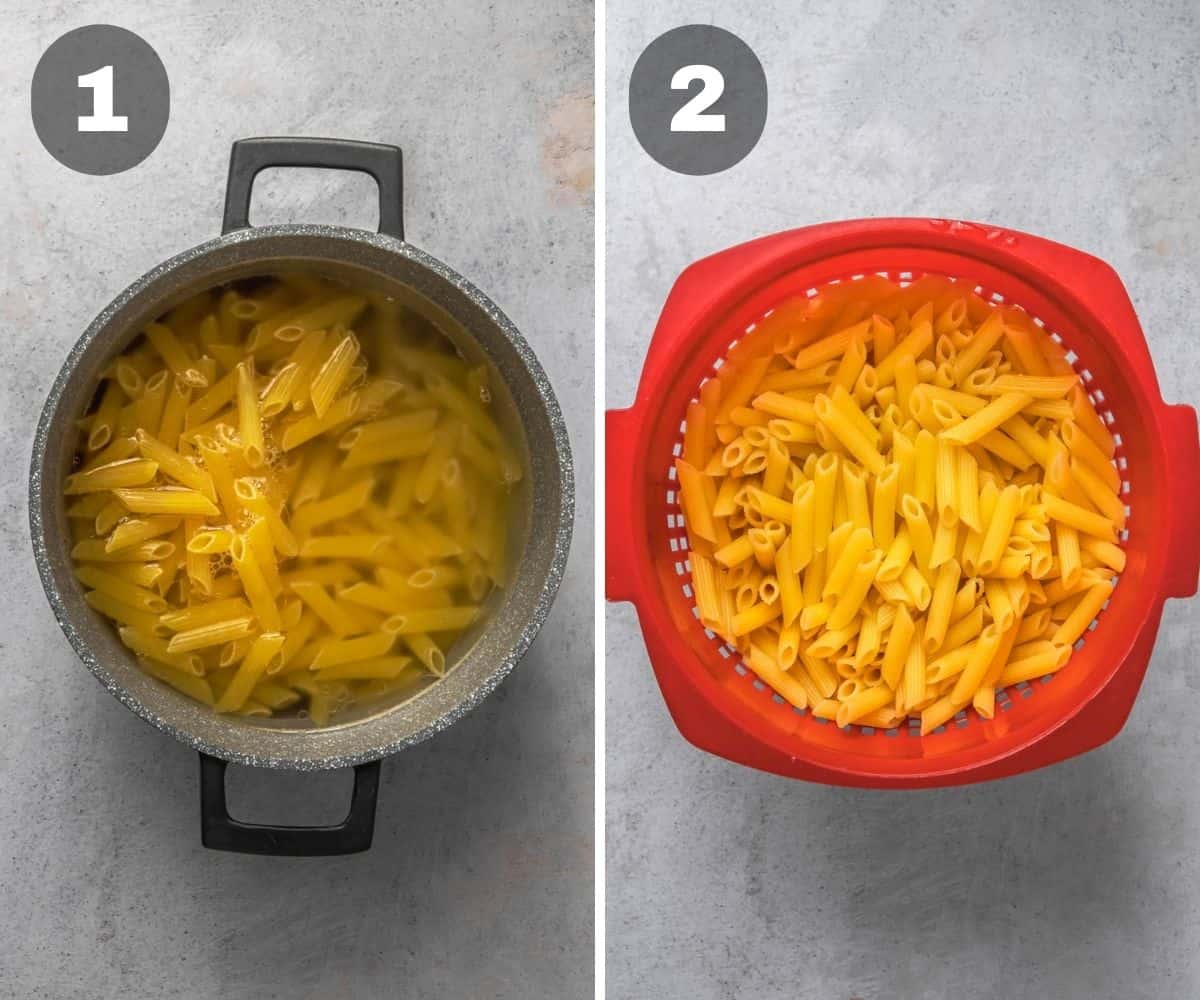 Collage: first photo showing pasta cooking in a pot and second photo showing pasta draining in a colander.