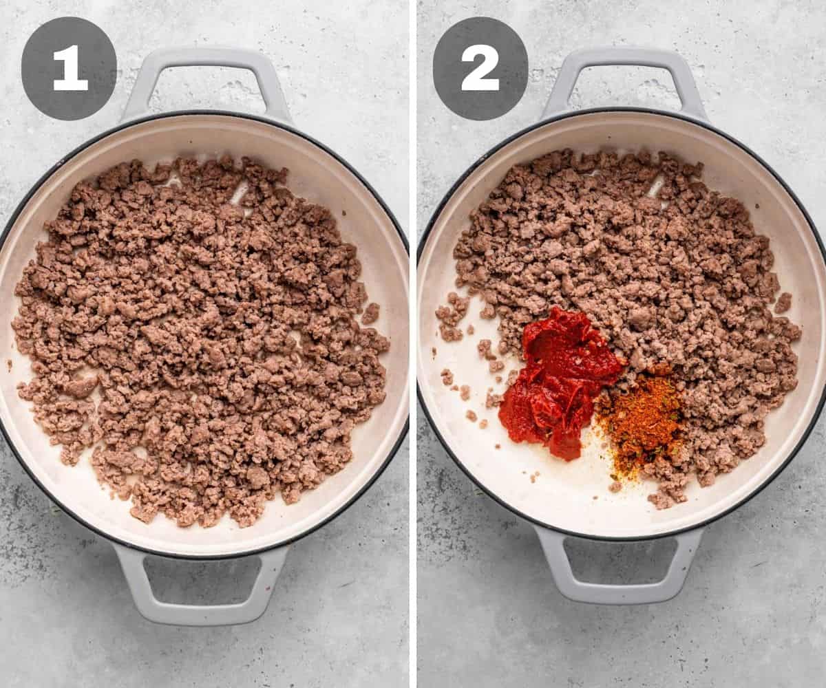 Collage: Two photos showing the process of making the minced meat taco filling.