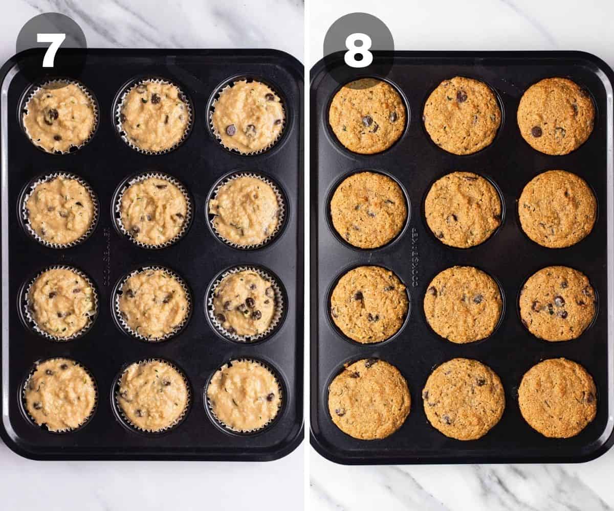Two photos showing unbaked and baked Almond Flour Zucchini Muffins in a muffin pan.
