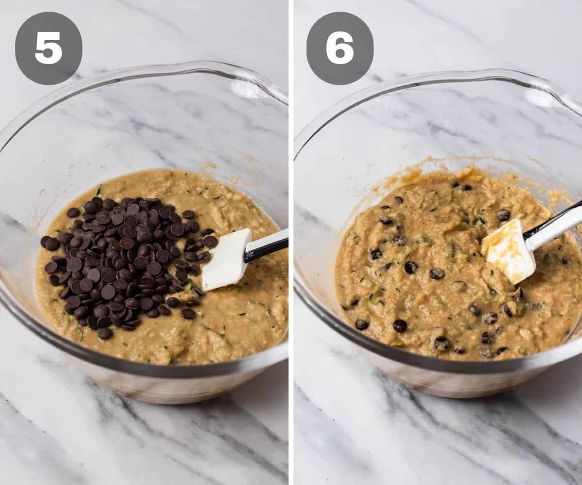 Two Process photos showing chocolate chips being mixed in almond flour zucchini muffins batter.