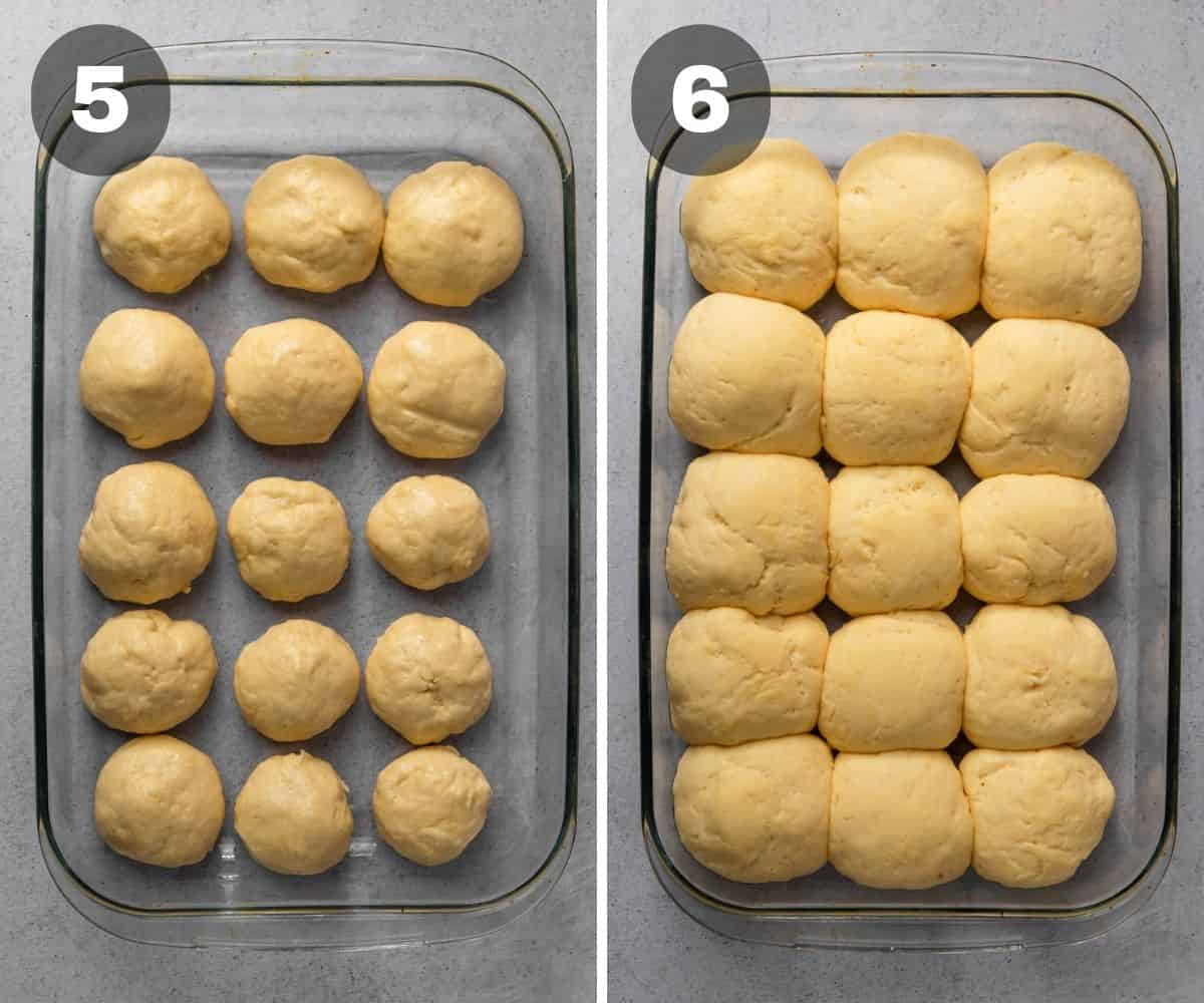 Two process photos showing unbaked dinner rolls