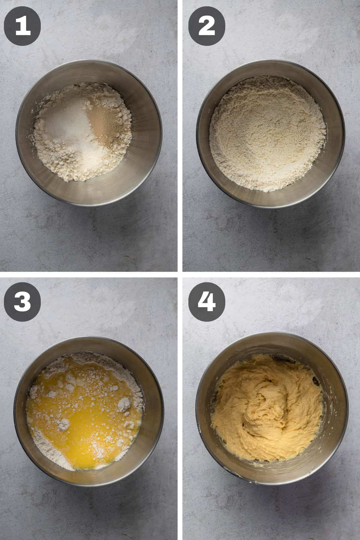 Four process photos showing how to make the dough for gluten-free dinner rolls.