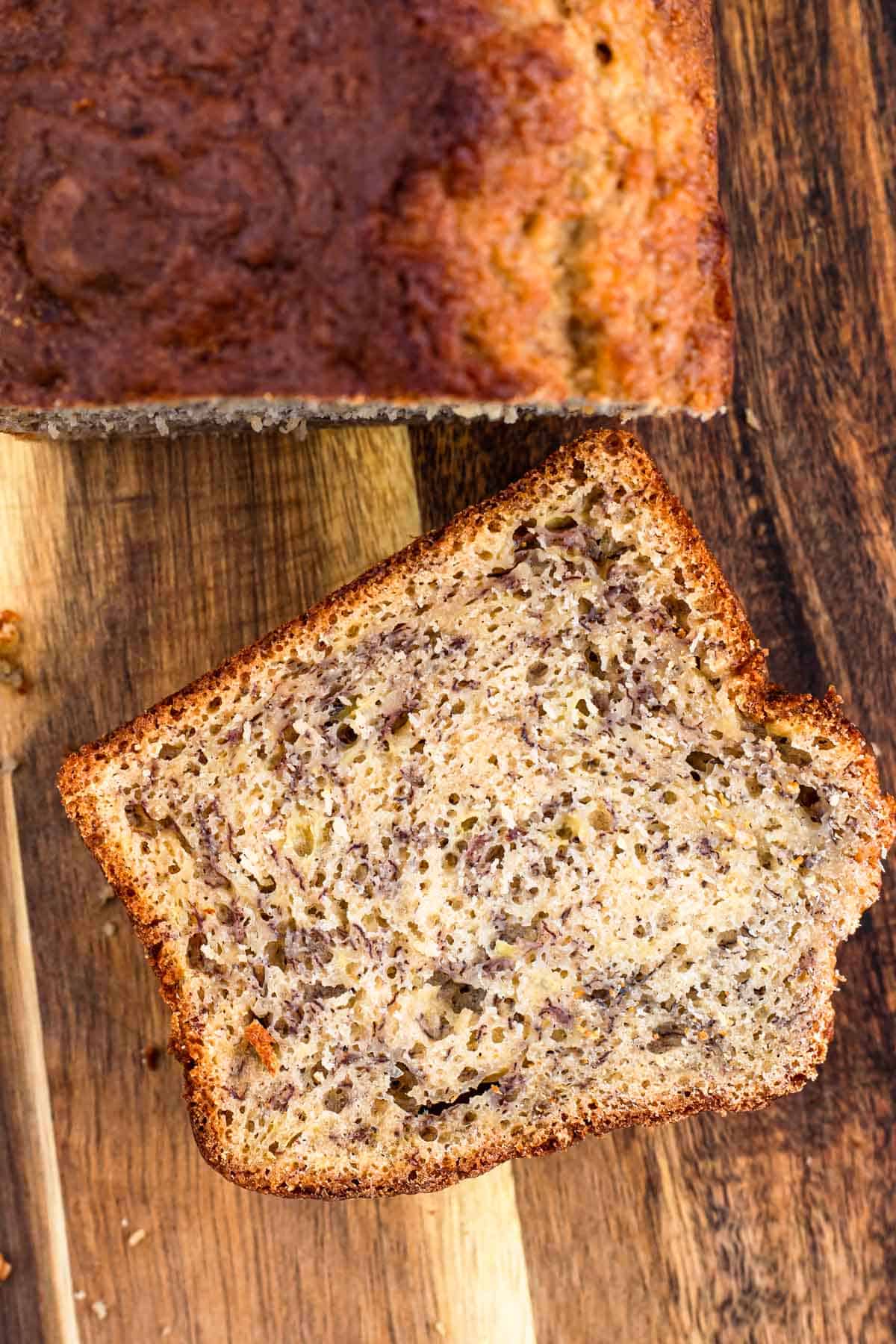 A slice of banana bread photographed from above.