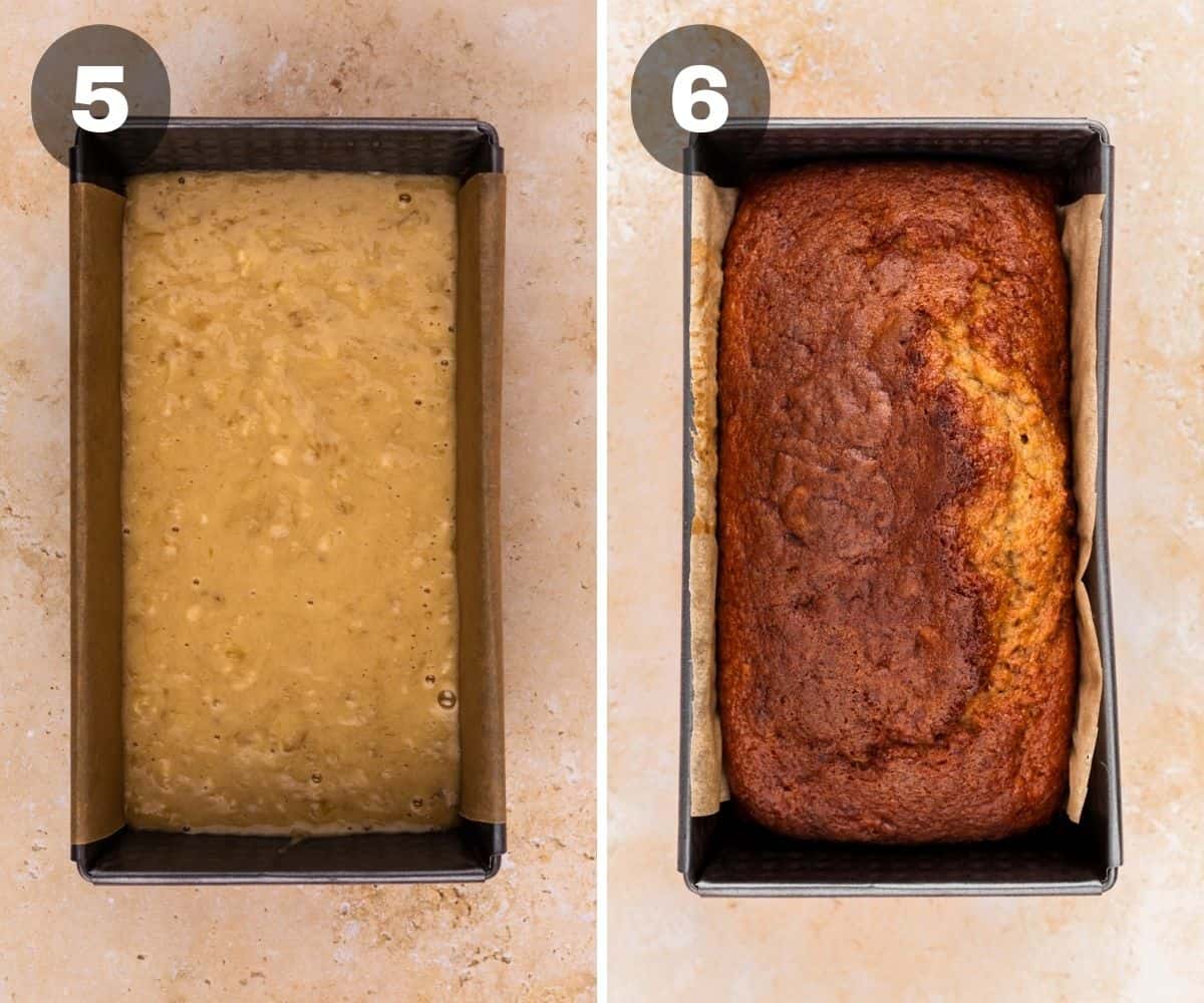 Two process photos showing unbaked and baked banana bread.