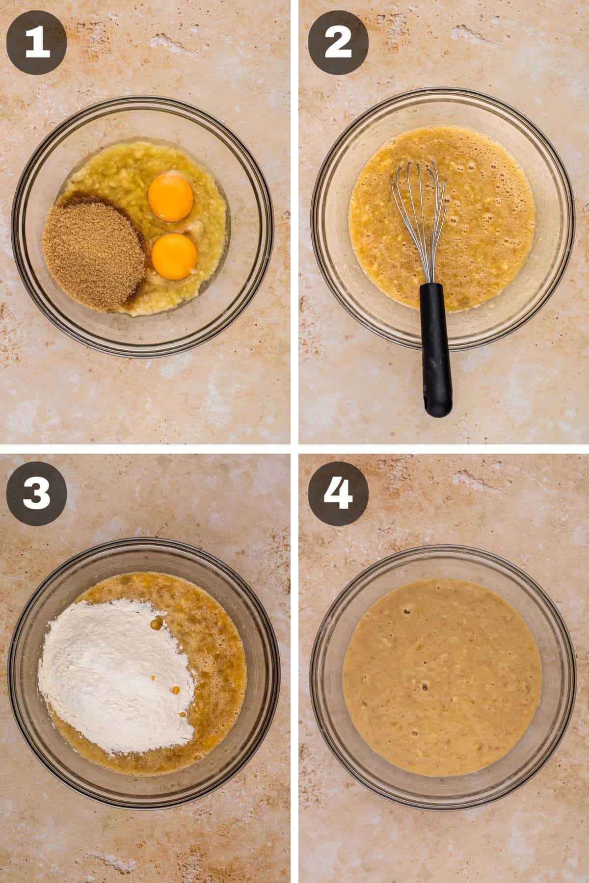 Four process photos showing how to make banana bread.