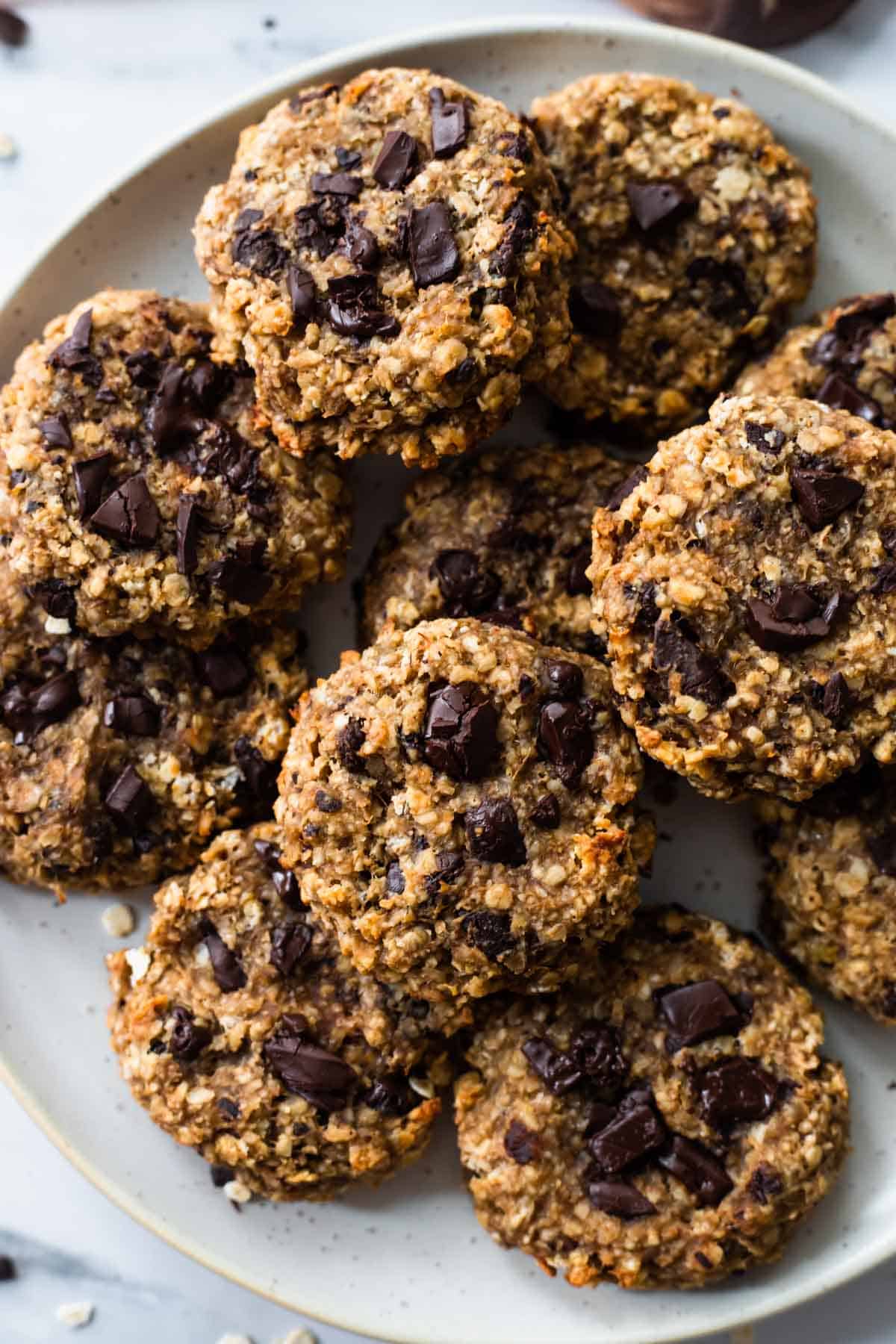 Chocolate chip banana oatmeal cookies on a plate