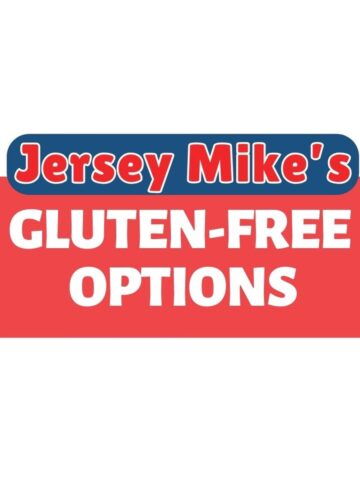 Text on blue and red background. The text reads: Jersey Mike’s Gluten-Free Options.