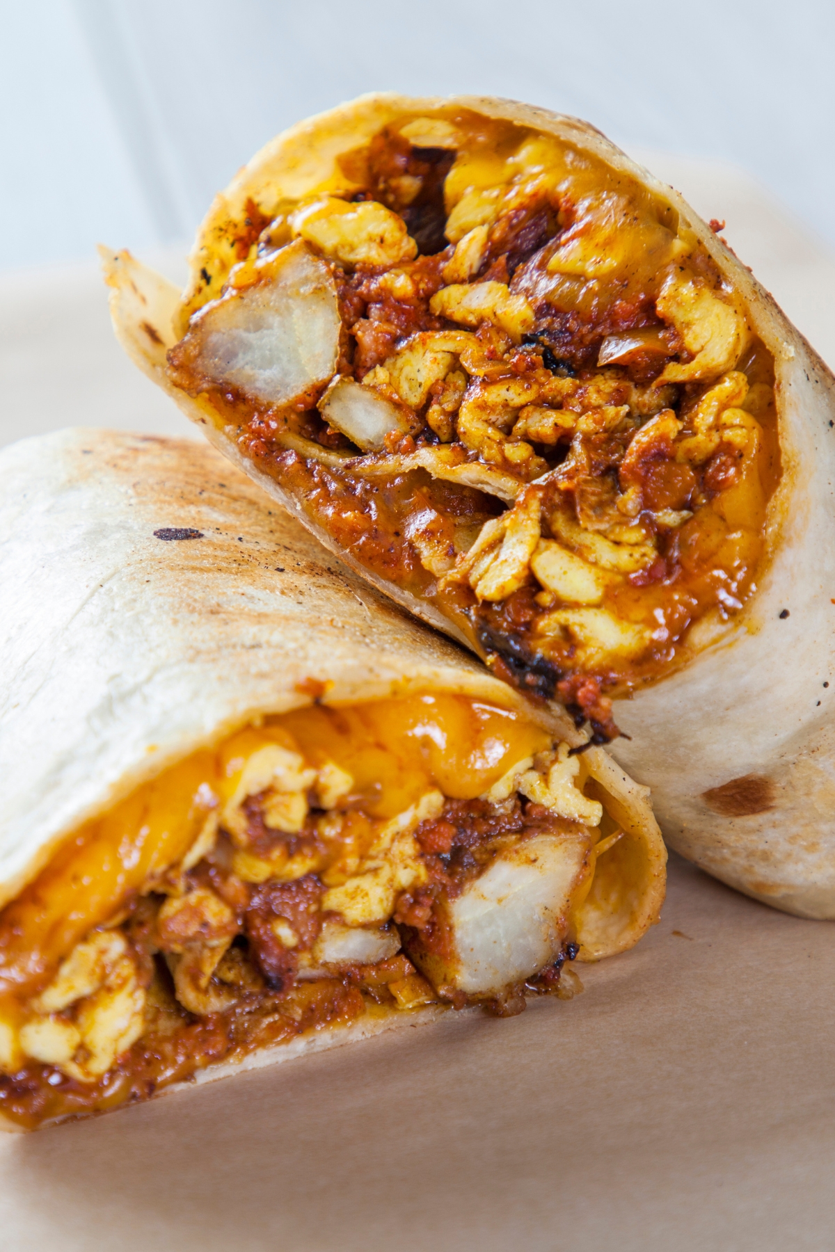 Burrito sliced in half.