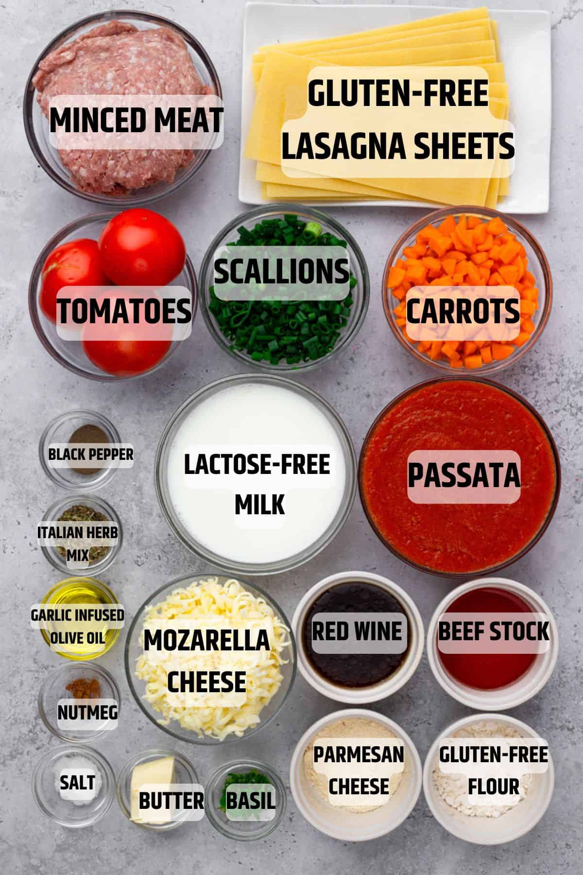 Ingredients for low FODMAP lasagna on a grey background