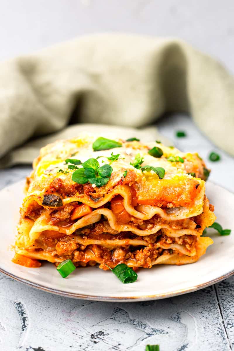 Lasagna slice on a plate