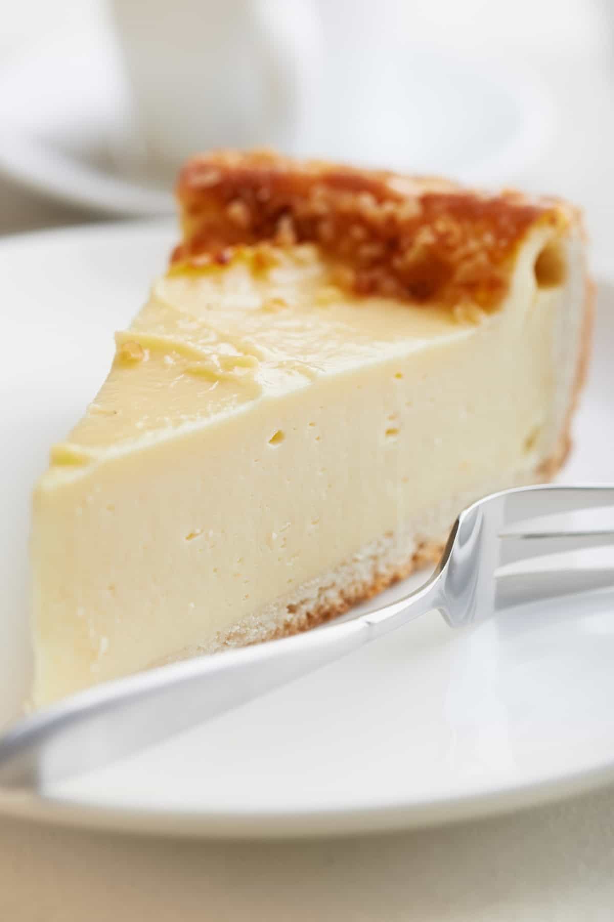 A slice of cheesecake on a plate.