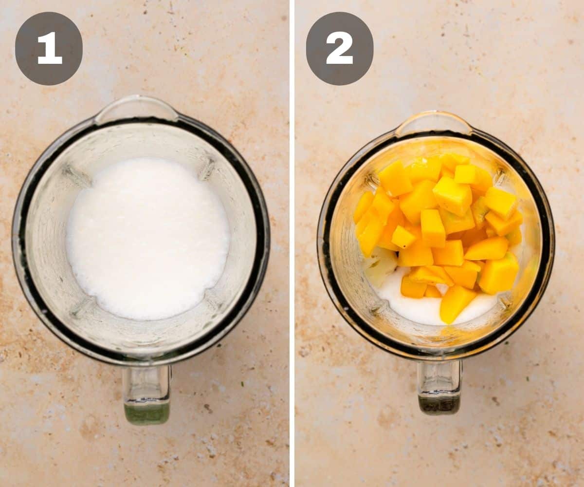 Two photos showing how to make sunrise sunset tropical smoothie