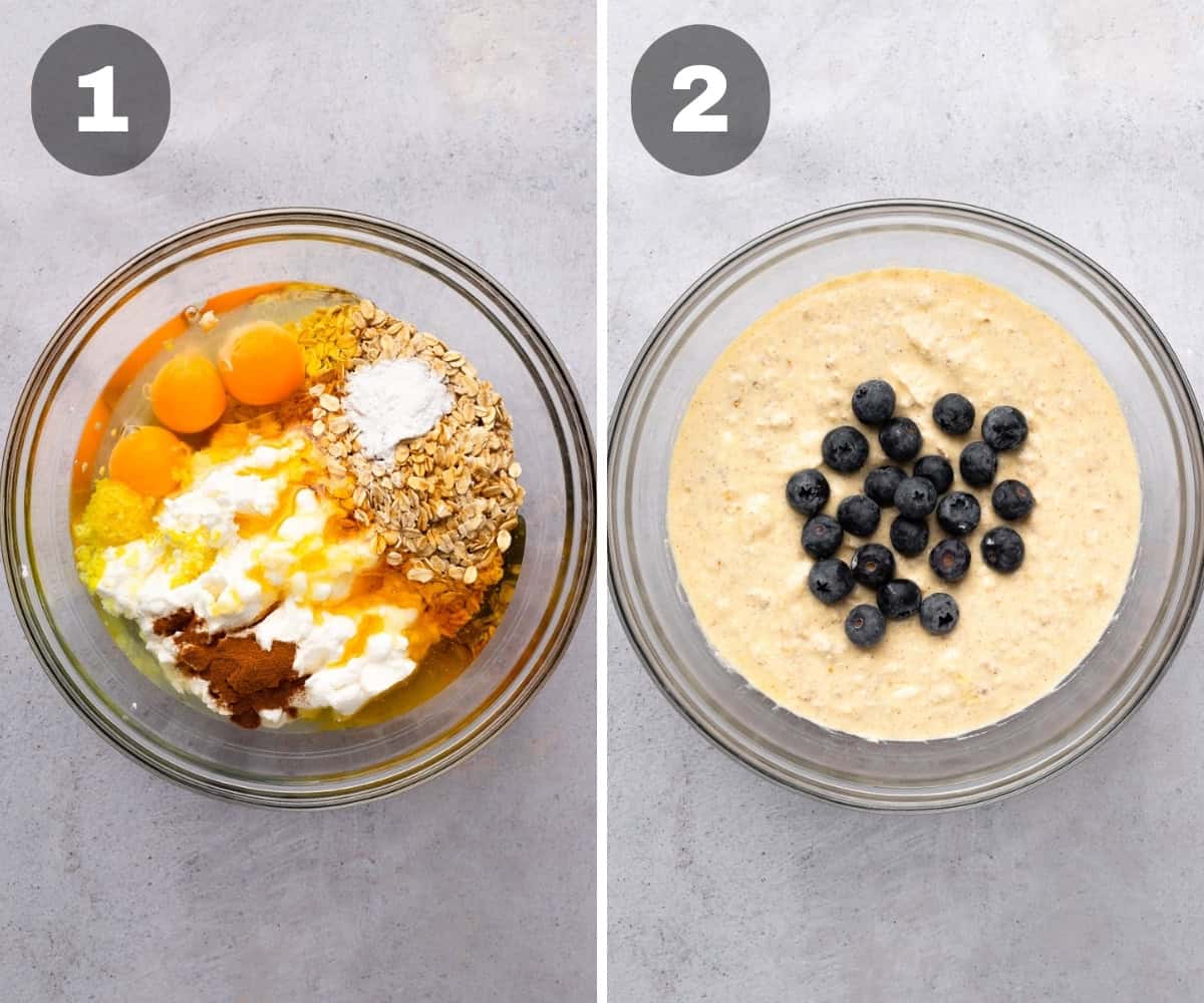 adding the ingredients to a mixing bowl and mixing then folding in the blueberries
