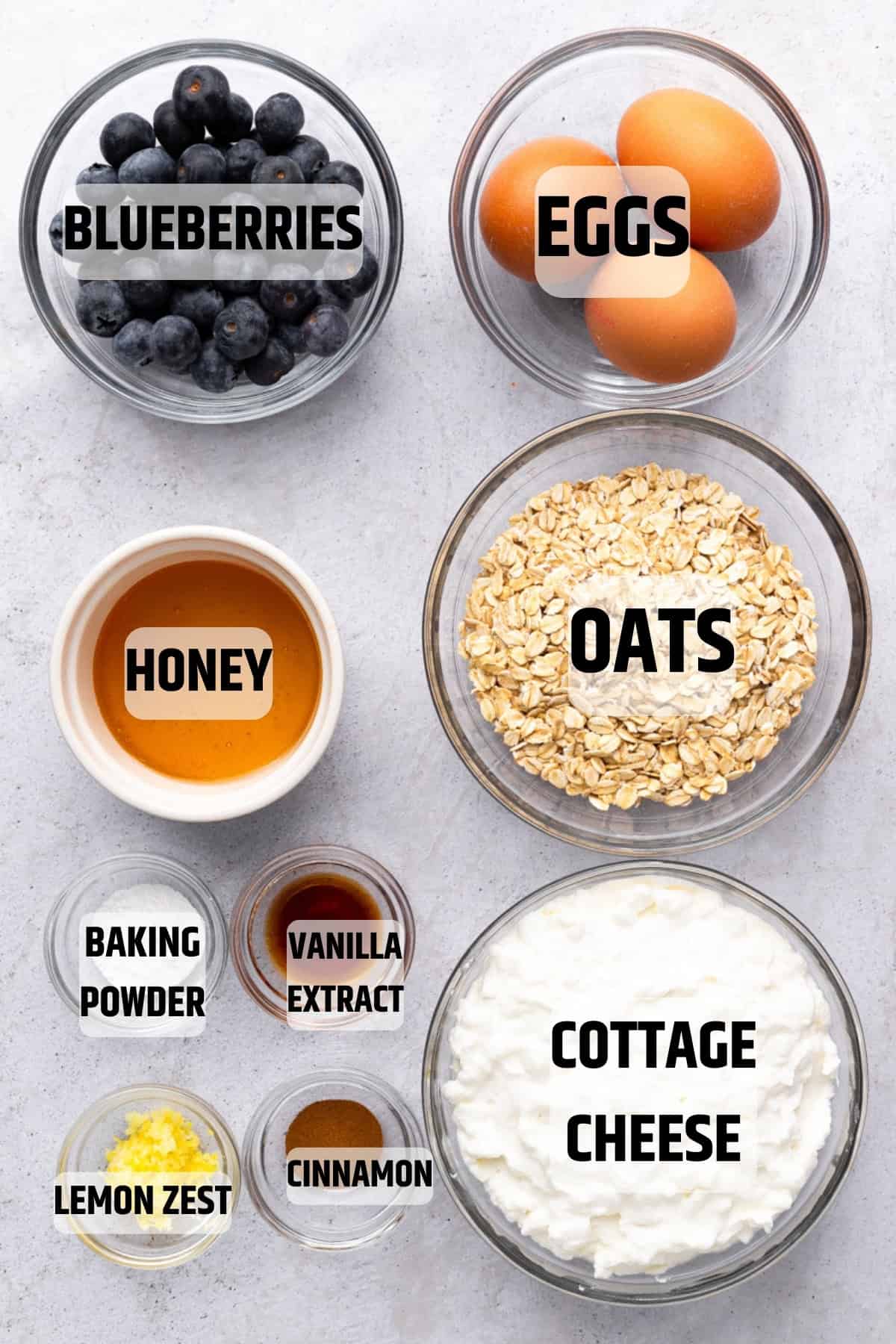 labeled ingredients for Blueberry cottage cheese breakfast bake