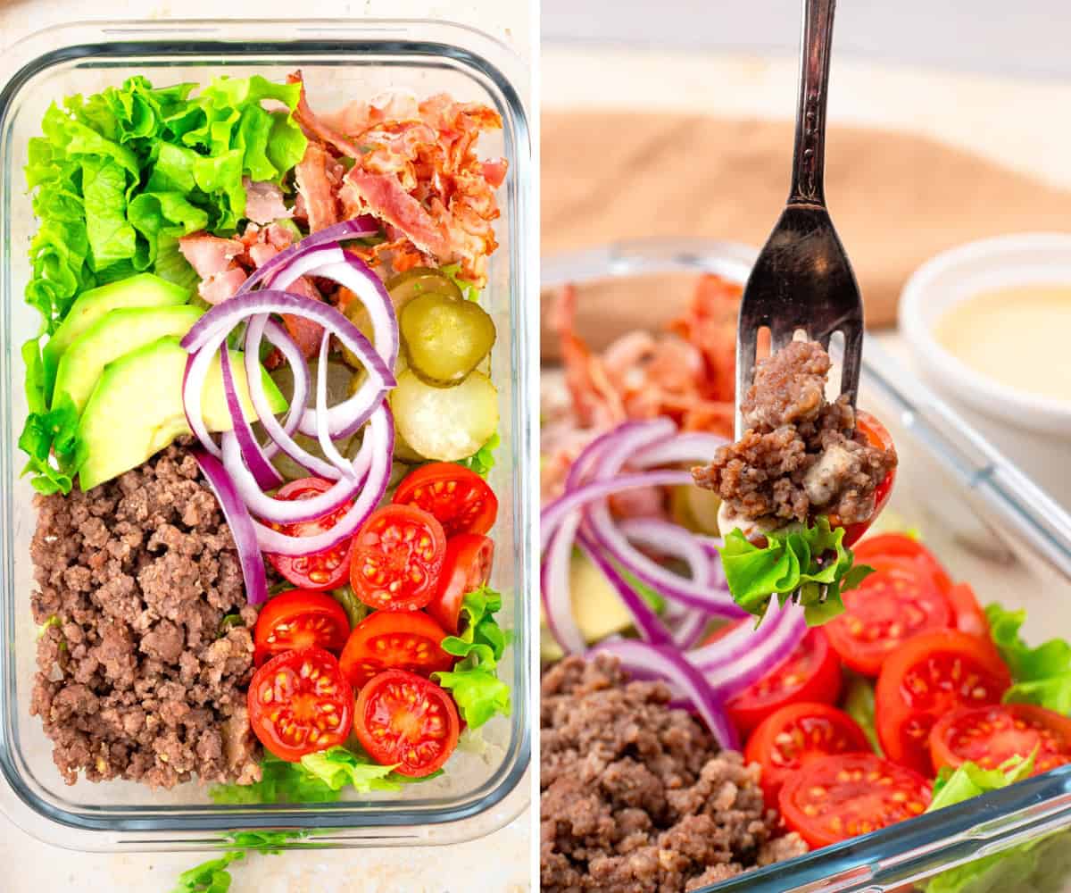 Two photos showing burger meal prep in meal prep containers