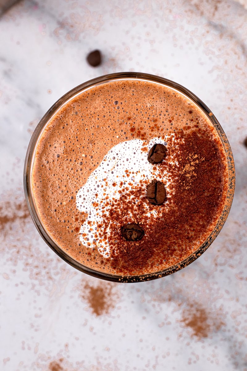 top down view of Mocha Madness Tropical Smoothie Recipe with cinnamon on top