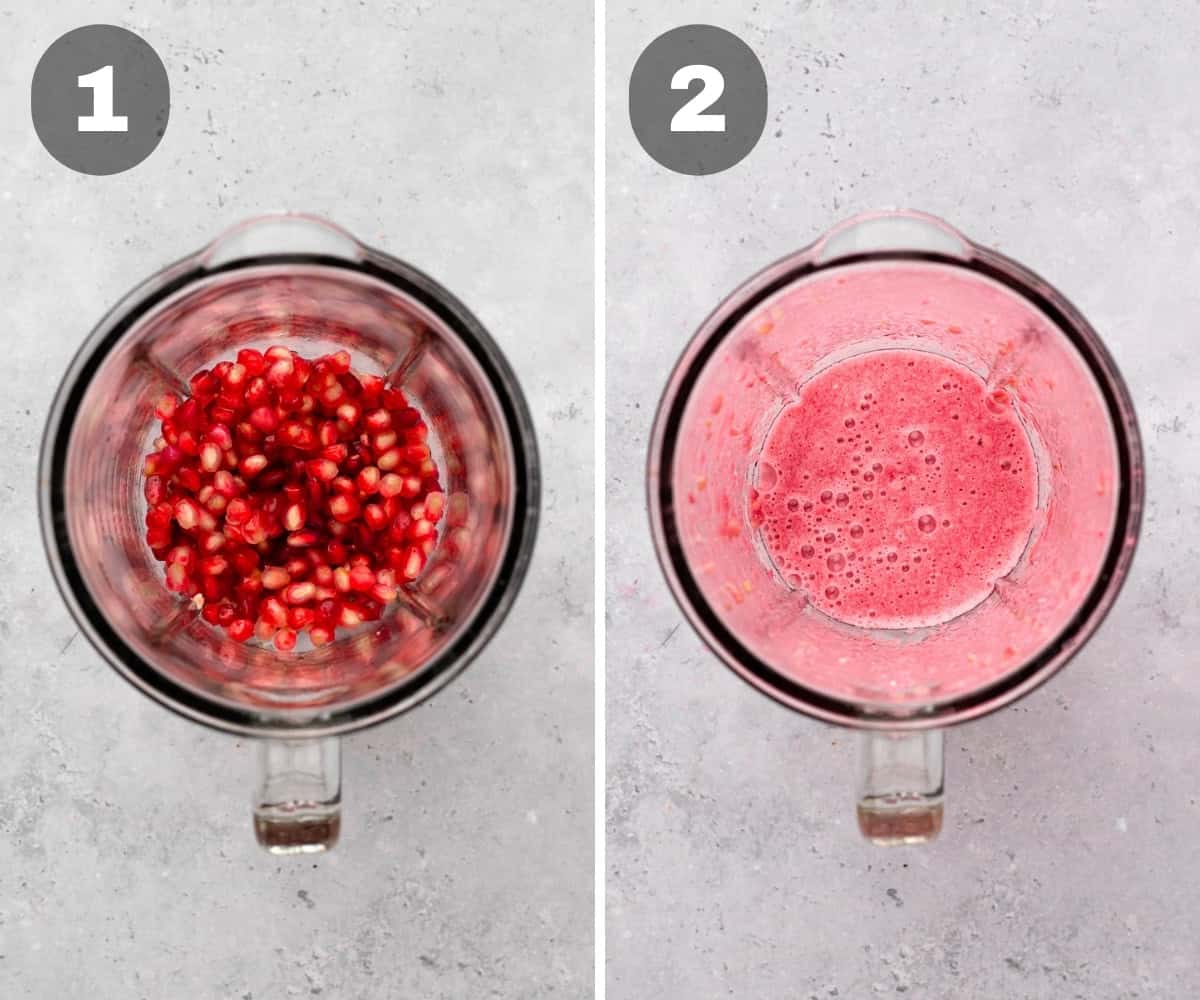 adding the pomegranate seeds to a high powered blender and blending