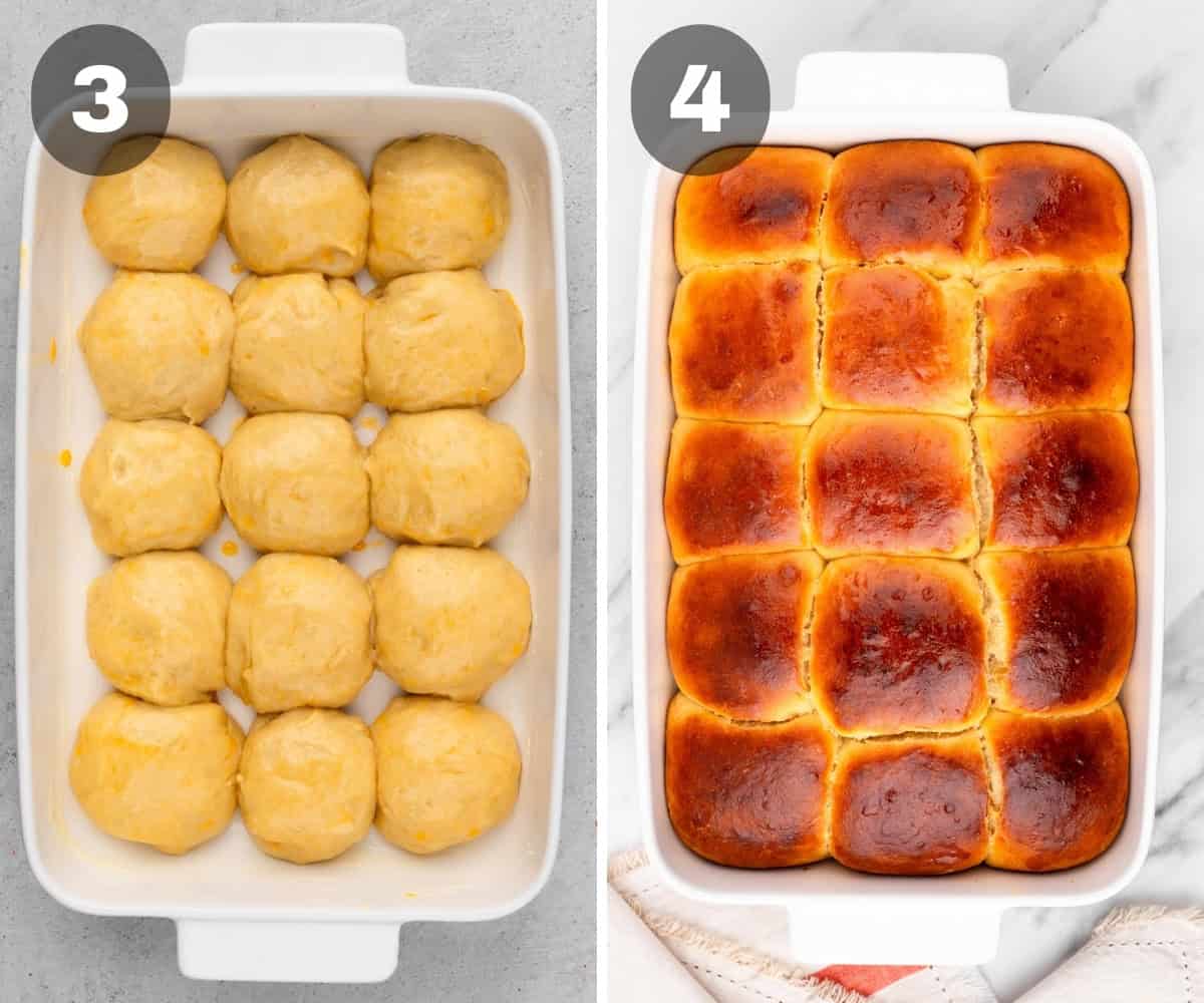 two process photos, showing unbaked and baked Hawaiian rolls in a baking pan.