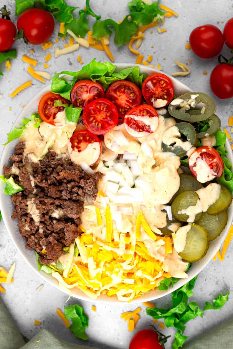 white bowl full of cheeseburger bowl ingredients