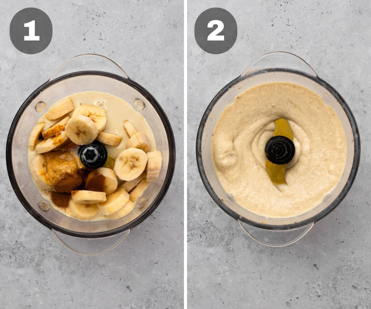 adding the ingredients for a banana smoothie to the blender