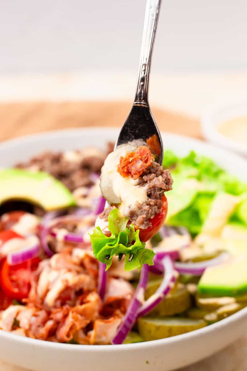 fork full of burger bowl ingredients