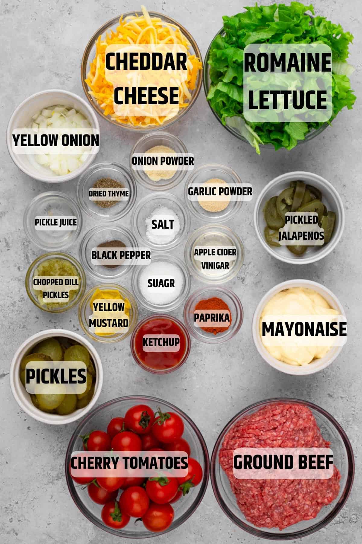 labeled ingredients needed to make cheeseburger bowl recipe