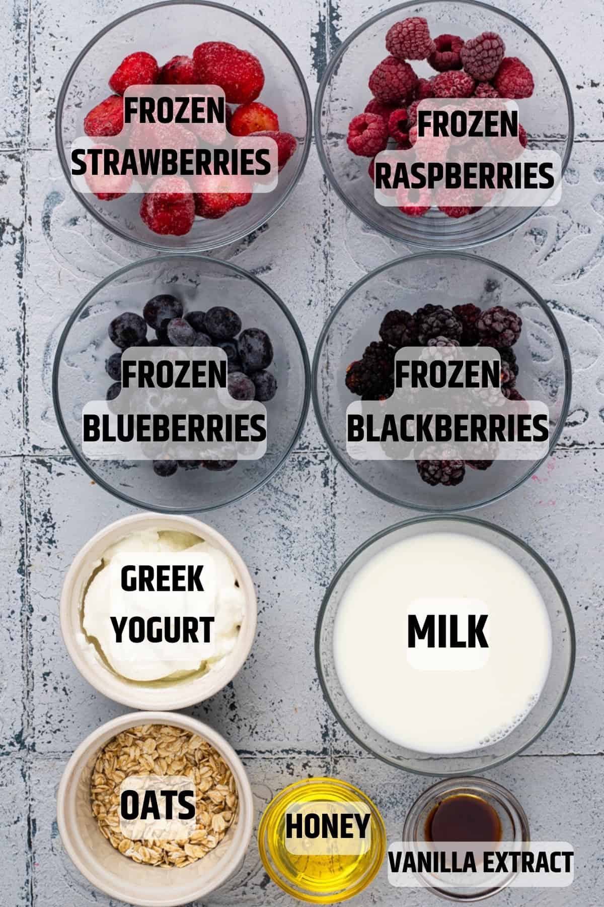 ingredients needed to make Triple Berry Oat Tropical Smoothie