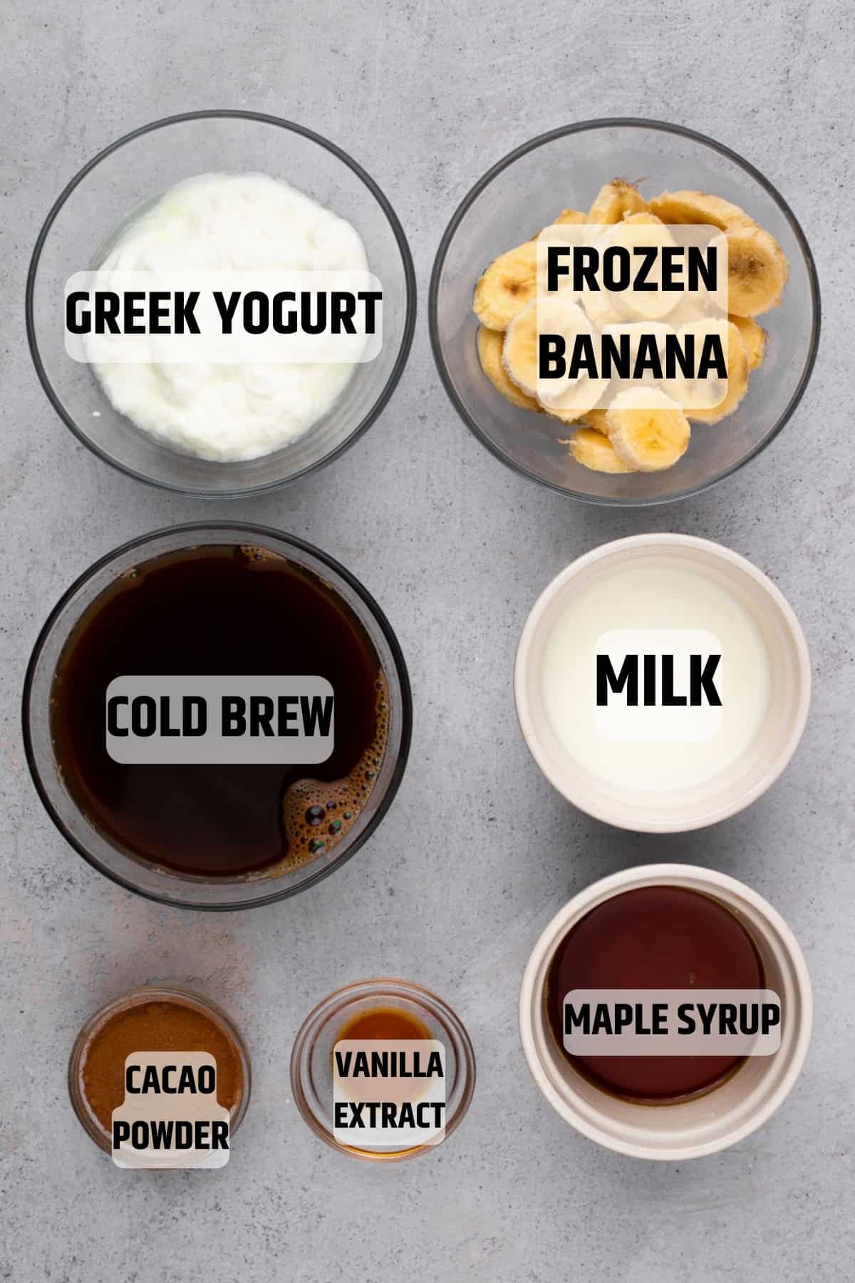 labeled ingredients needed to make this Mocha Madness Tropical Smoothie Recipe