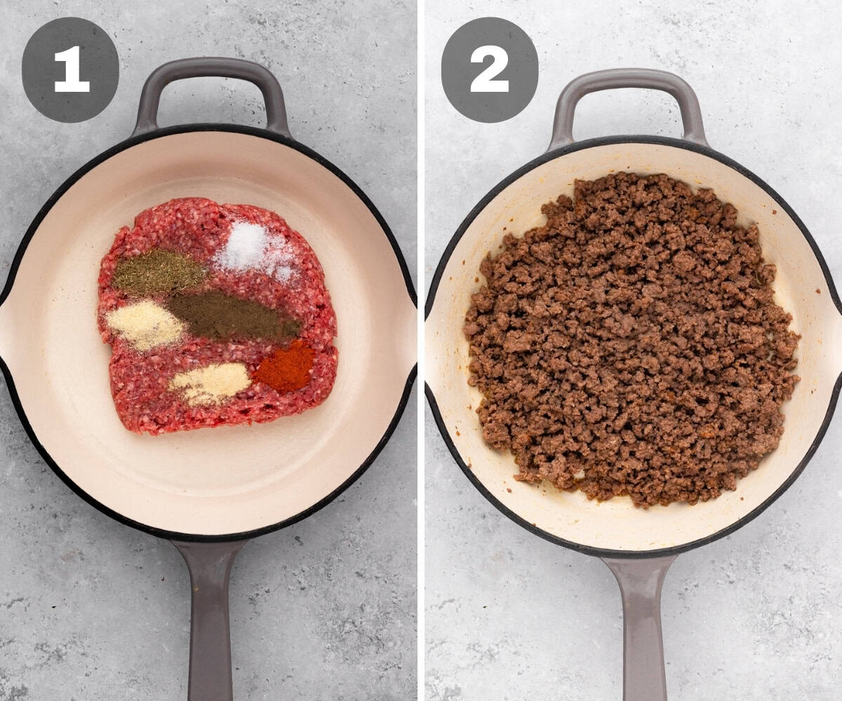 adding the ground beef to a skillet and cooking it until brown