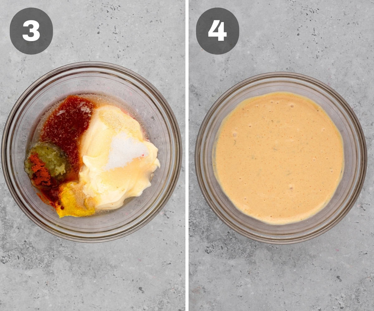 adding the ingredients to make the burger sauce in a mixing bowl, and mixing until combined