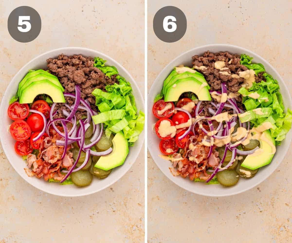 adding the burger bowl ingredients and toppings into a white bowl