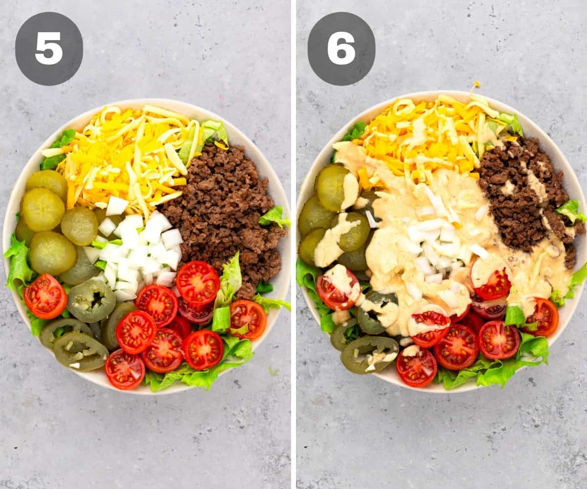 layering the burger bowl ingredients to create the final dish